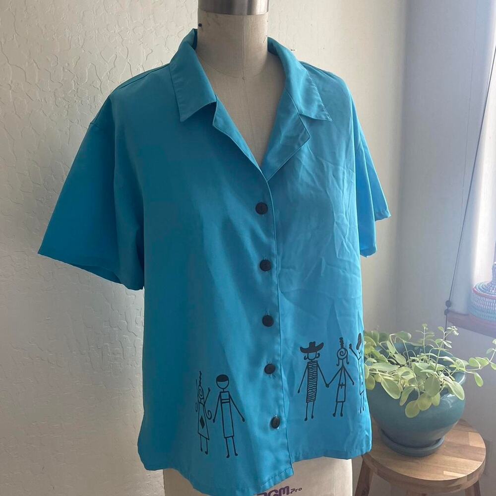 Bentley Women's Med Top Blue Button Up Dancing Design Vintage Collared